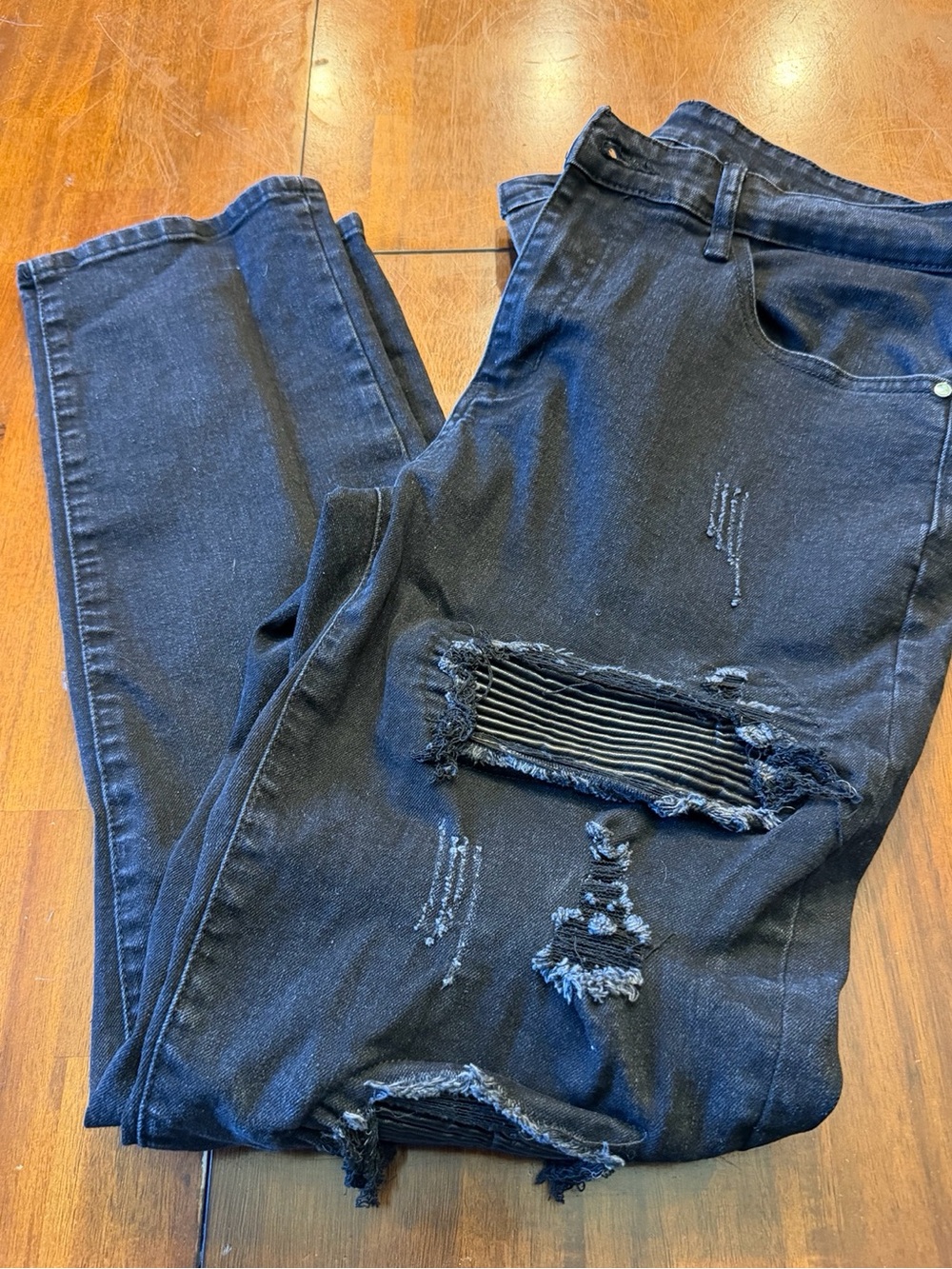 Jeans Black Distressed Moto Skinny Jeans Size 34 Stretch Denim